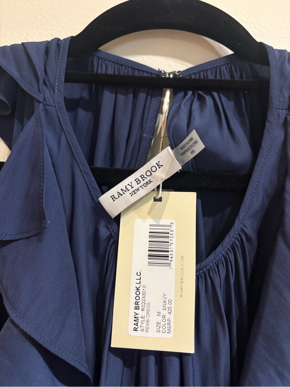 Ramy Brook NWT Rembi Ruffle Detail Smocked Waist Navy Blue Mini Dress Sz Medium - Picture 8 of 9